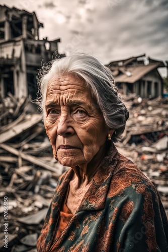 An elderly woman who survived a natural disaster. Portrait of an elderly woman at the site of a natural disaster. Hurricane. Tornado. Tsunami. Earthquake.