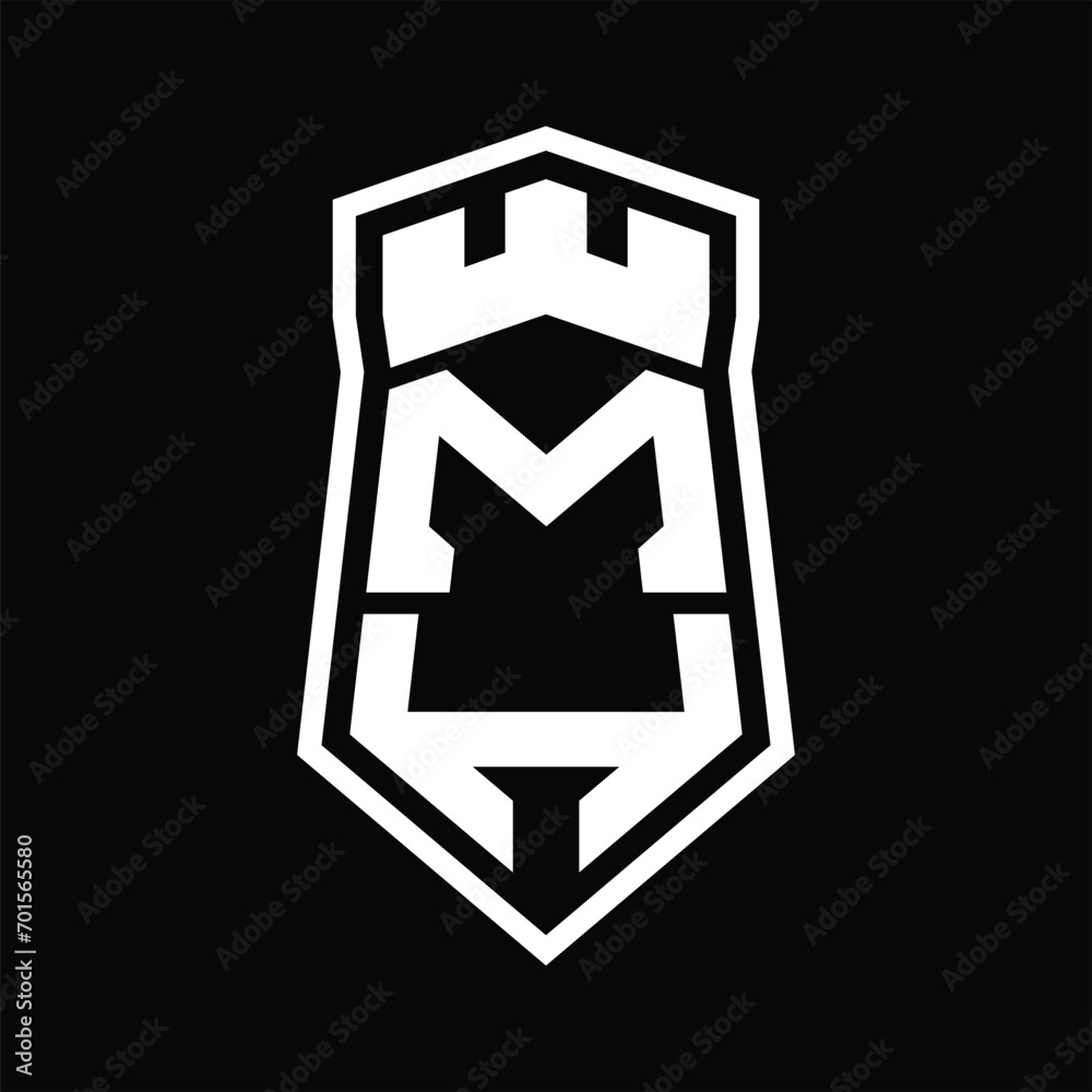 MH Letter Logo monogram hexagon shield shape up and down with crown castle isolated style design MH Letter Logo monogram hexagon shield shape up and down with crown castle isolated style design