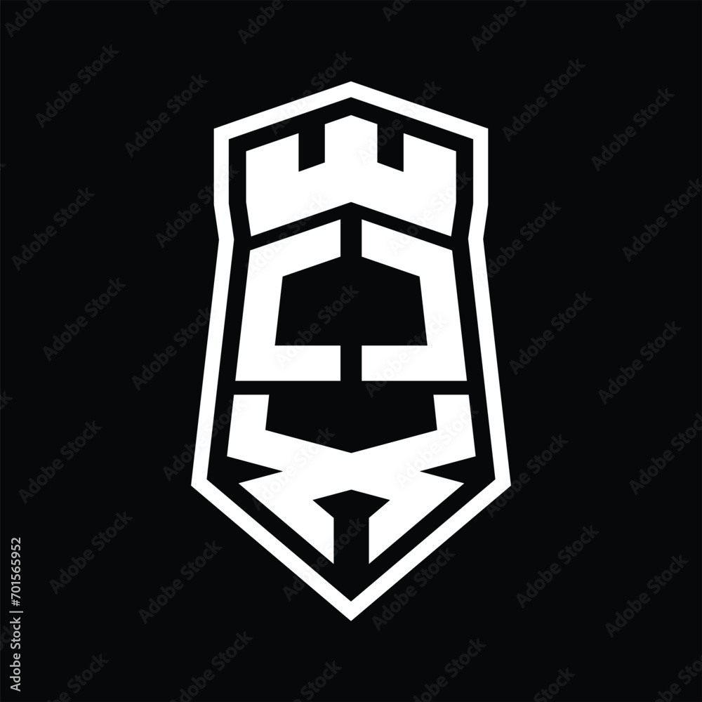 OX Letter Logo monogram hexagon shield shape up and down with crown castle isolated style design OX Letter Logo monogram hexagon shield shape up and down with crown castle isolated style design