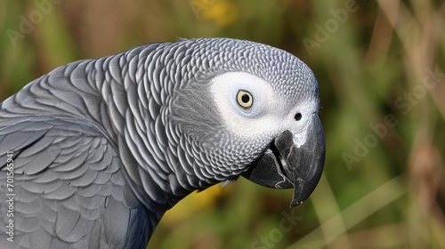 A grey parrot, its upper body and symmetrical face in focus, stands out against a blurry background, its long feathers and rounded beak prominent.