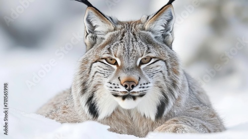 A young lynx, with its pointy ears and stunning face, lies in the snow, its hard predatory look contrasting with its beautiful fur.