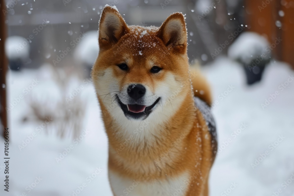 A cute Shiba Inu dog, its brown and white coat covered in snow, stands in a winter landscape.