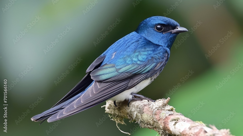 An indigo bunting, its cobalt coloration and long blue cape on display, sits on a tree branch, its vivid purple eyes looking out.
