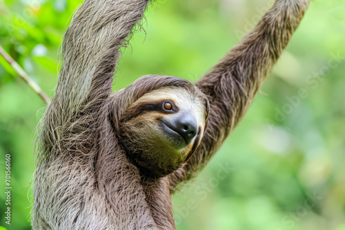 A sloth, its long arms and short neck evident, hangs from a tree in a lush rainforest, appearing as a natural contest winner.