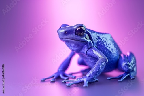 A blue frog, under violet lighting, sits on a purple surface, its cobalt coloration creating a psychedelic effect.