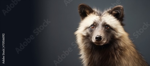 A dog, possibly a raccoon dog or anthropomorphic badger, looks at the camera, its furry face captured in an portrait.