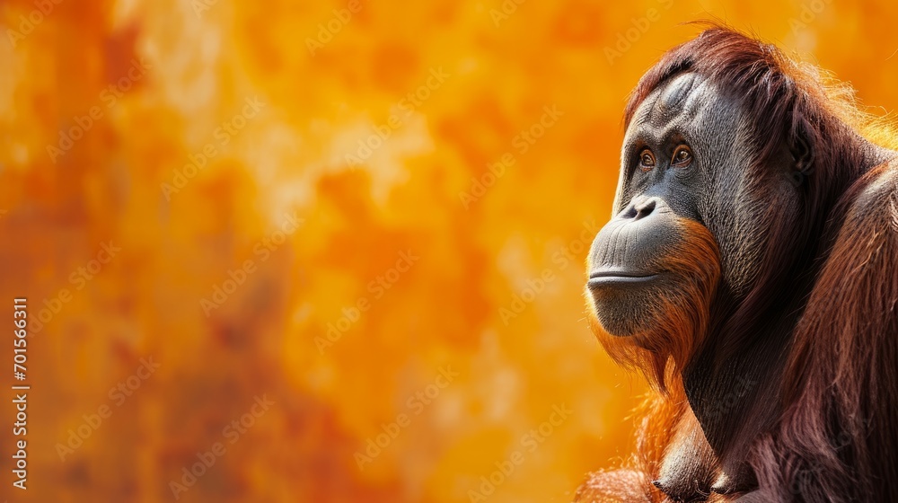 A monkey, possibly an orangutan or a chimp, is captured in front of an orange background, its ape-like features prominent.