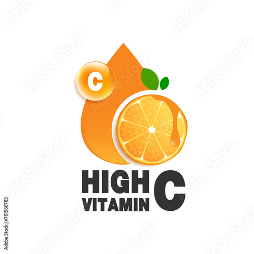 Vitamin C,  orange fruit and letter C with two green leaves. design for packaging presentation, advertising, company logo or symbol, cosmetic product display background. vitamin C nature. design.