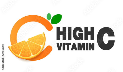 Vitamin C,  orange fruit and letter C with two green leaves. design for packaging presentation, advertising, company logo or symbol, cosmetic product display background. vitamin C nature. design.