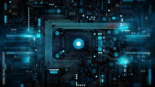A computer circuit board with blue lights and a glowing computer centered by chipset, dark turquoise and dark black Backgrpund AI Image Generative