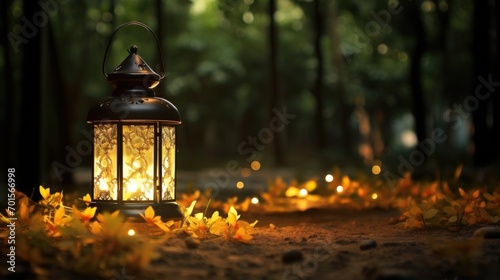 Traditional lantern with burning light on nature outdoor background. Generate AI