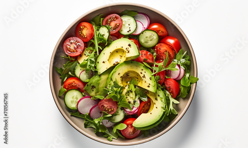Top view of fresh salad, fresh ingredients isolated on gray concrete background.