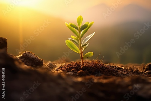 A young plant in the ground in the rays of the sun. Nature, plant sustainability, ecology.