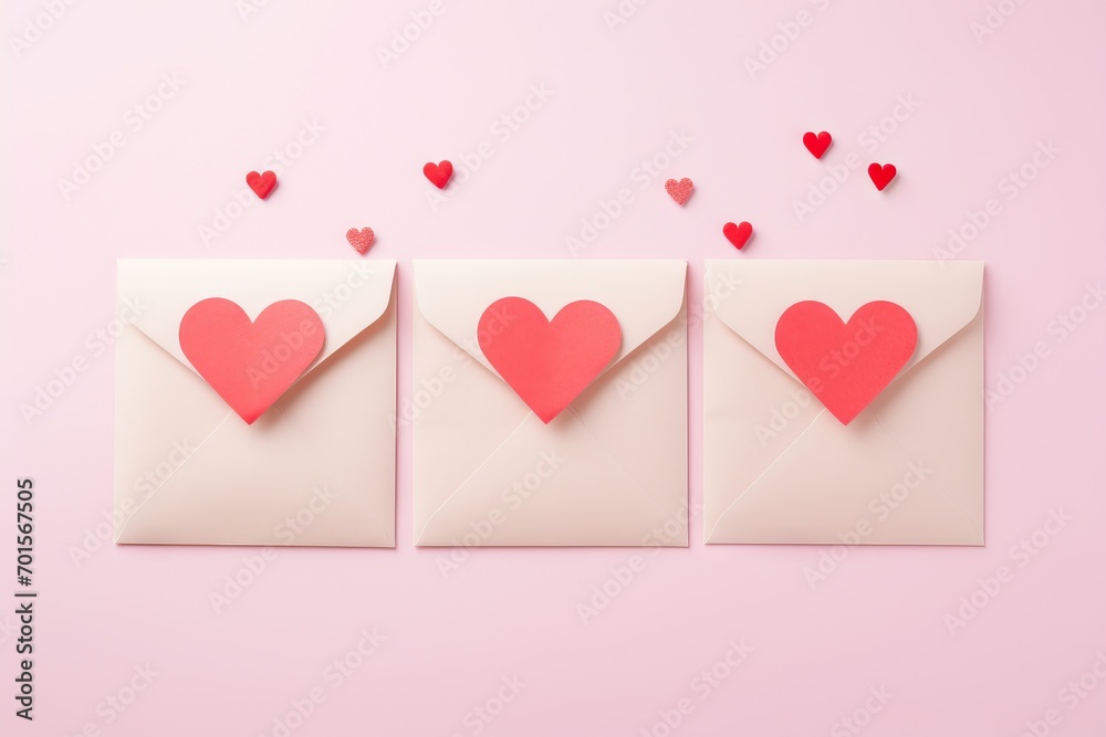 White paper envelope with red hearts on light pink background. Romantic love letters for the Valentine's day. Letter card, wedding invitation. Love concept