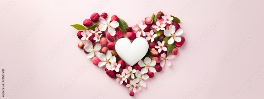 Heart symbol made of cherry flowers on pink background. Valentines day, wedding, anniversary celebration or romantic visual trend. Present for Woman day. Creative love concept with copy space