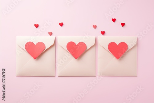 White paper envelope with red hearts on light pink background. Romantic love letters for the Valentine\'s day. Letter card, wedding invitation. Love concept