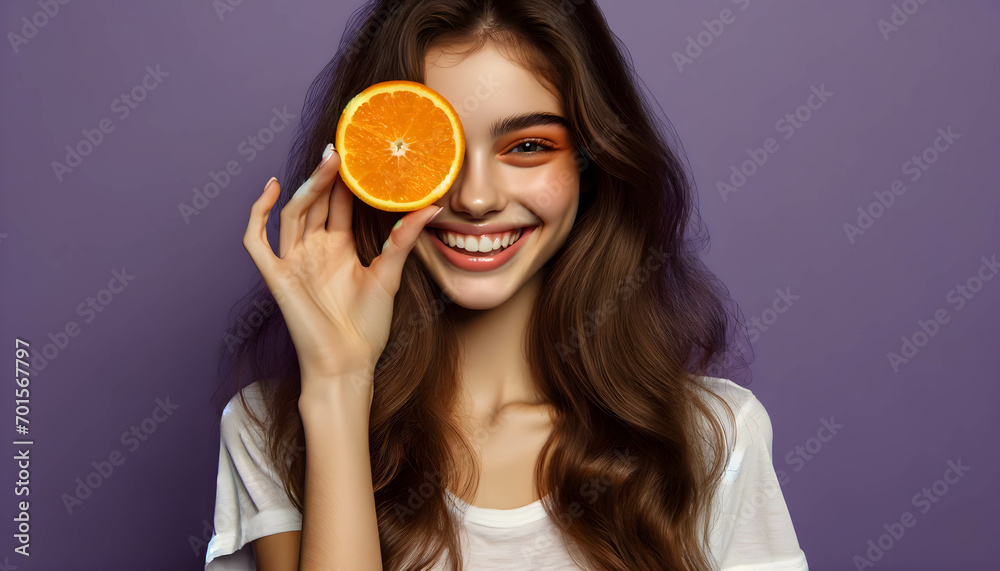 Cute woman holding oranges on purple background Cute woman holding oranges on purple background