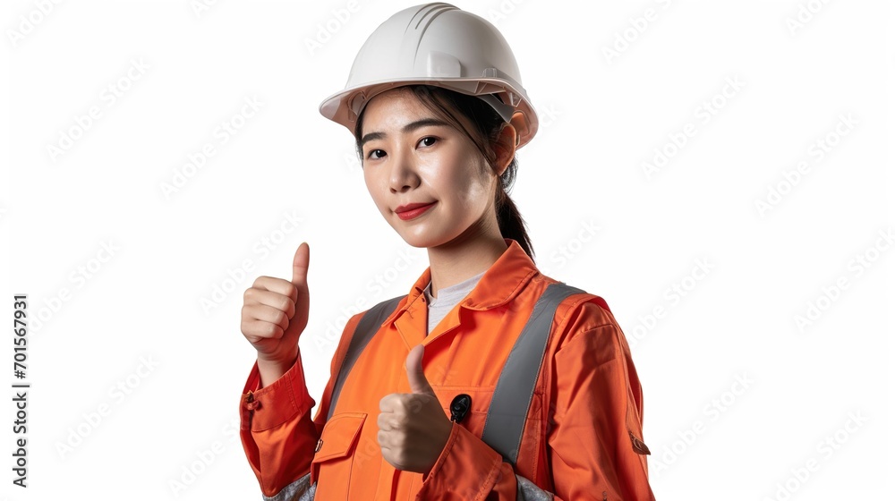 Asian engineer worker woman or architect with white safety helmet standing on isolated white background. Mechanic service factory Professional work job occupation in uniform showing thumbs up Asian engineer worker woman or architect with white safety helmet standing on isolated white background. Mechanic service factory Professional work job occupation in uniform showing thumbs up