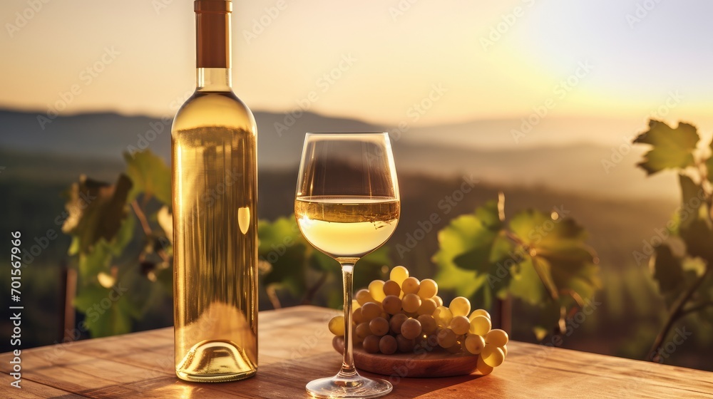 A glass and a bottle with white wine and grapes on the veranda at the winery. A winery 