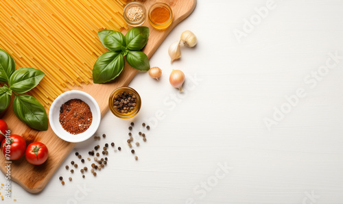 Flat lay of Spaghetti ingredients on white background. fresh ingredients