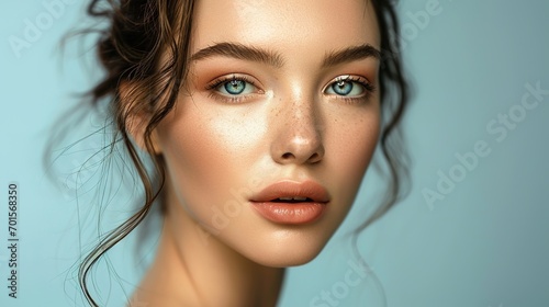 Beautiful woman face with make up and beauty healthy skin and hair portrait. Studio shot