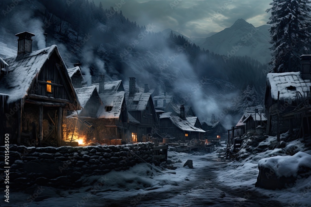 Fantasy image of a small village in the mountains at night, AI Generated Fantasy image of a small village in the mountains at night, AI Generated