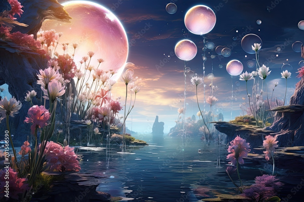 Fantasy landscape with flowers in the water and planet in the sky, AI Generated