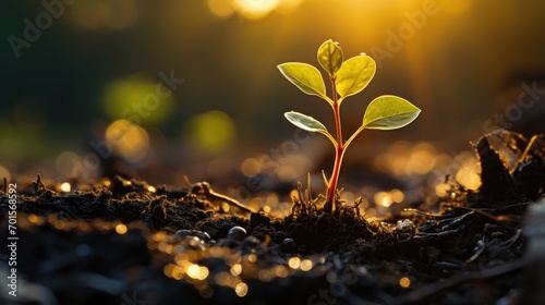 A young plant in the ground in the rays of the sun. Nature, plant sustainability, ecology.