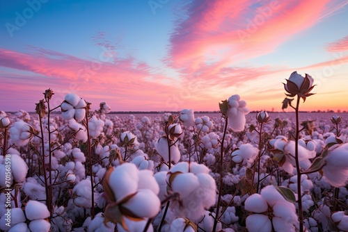 Cotton field at sunset. Beautiful natural landscape with cotton flowers  AI Generated
