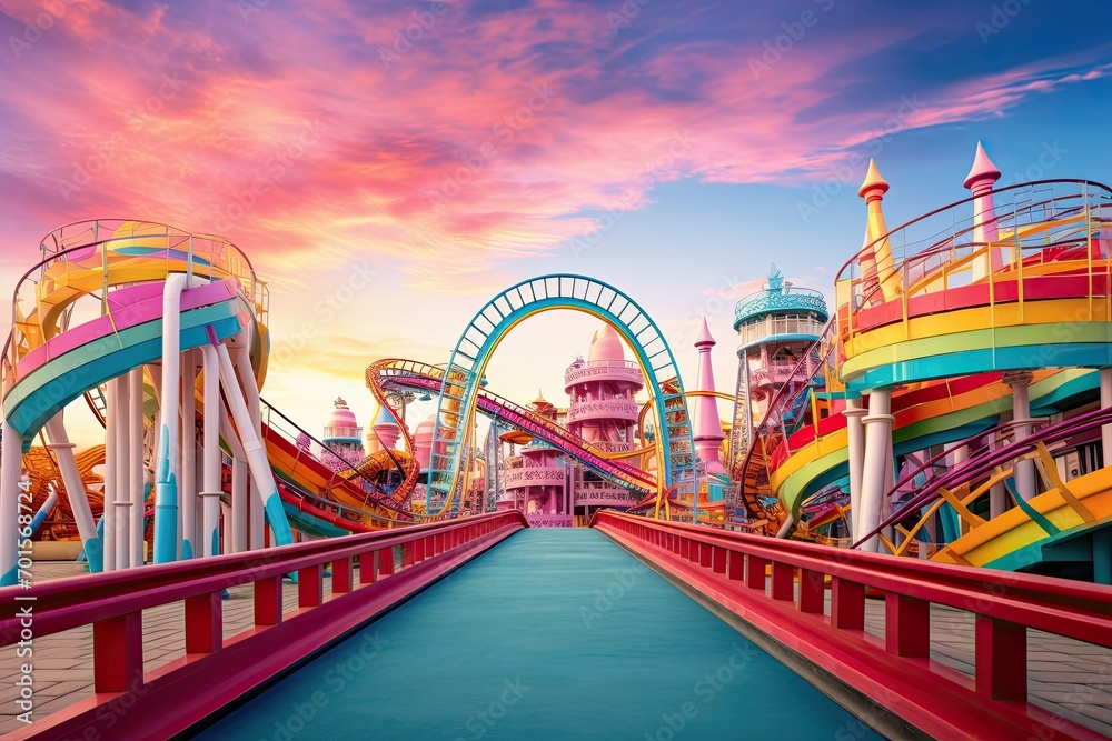 Amusement park in the sunset time. 3d rendering, AI Generated - obrazy, fototapety, plakaty 