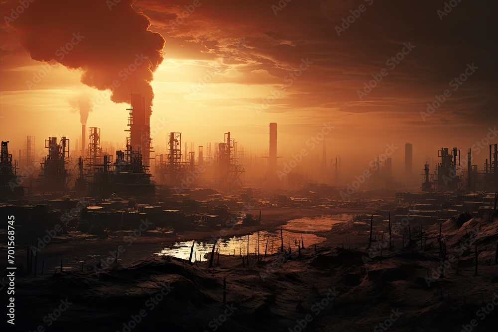 Industrial landscape with oil refinery plant at sunset. 3d render, AI Generated