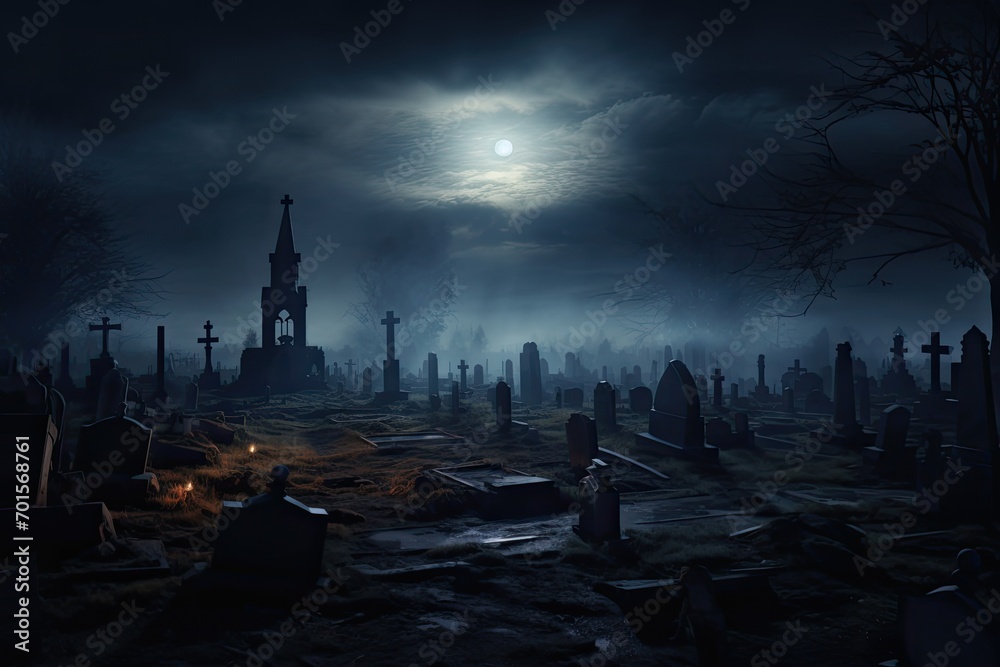 Gothic graveyard at night with full moon, 3d rendering, AI Generated