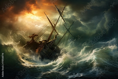 Pirate ship in stormy sea, 3d render illustration, AI Generated photo