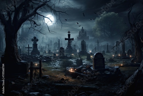 Halloween background with graveyard and full moon, 3d rendering, AI Generated