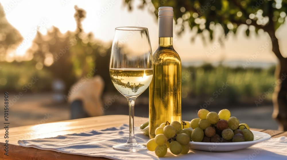 A glass and a bottle with white wine and green grapes on the veranda at the winery. A winery