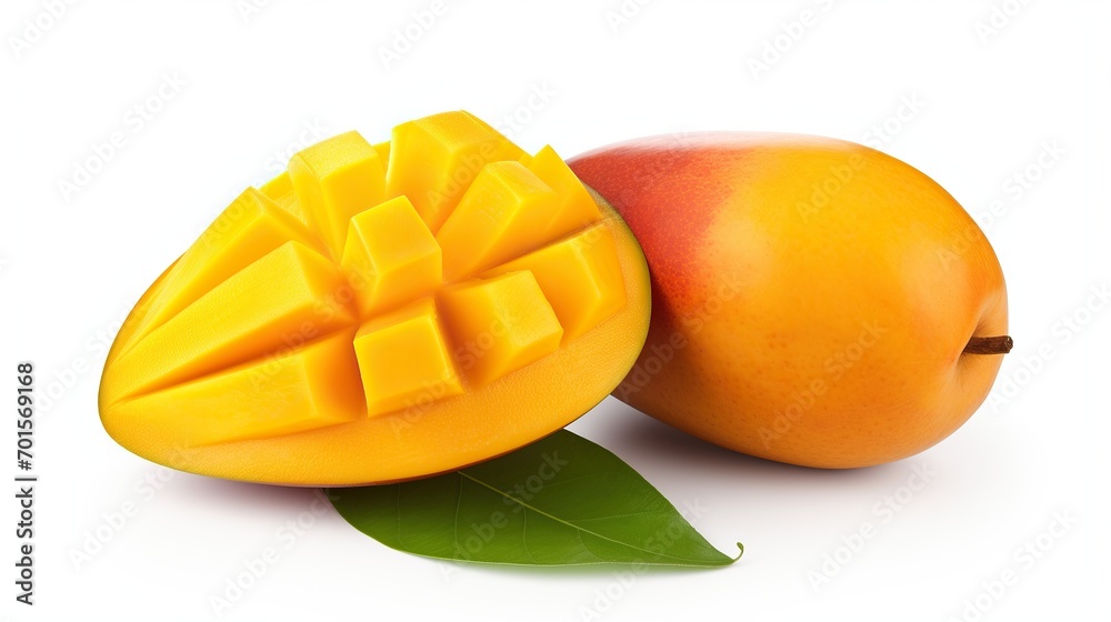 Mango and leaves, white background. Full depth of field. Mango With clipping path. Mango collection Mango and leaves, white background. Full depth of field. Mango With clipping path. Mango collection