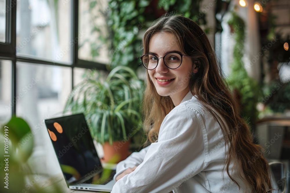 Portrait of a beautiful cheerful girl smiling while working on laptop in the office Portrait of a beautiful cheerful girl smiling while working on laptop in the office