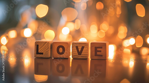 Love message written in wooden blocks in bokeh background. Valentine day. photo