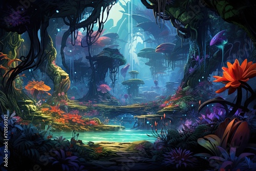 Fantasy landscape with fantasy trees and plants  3d illustration  AI Generated