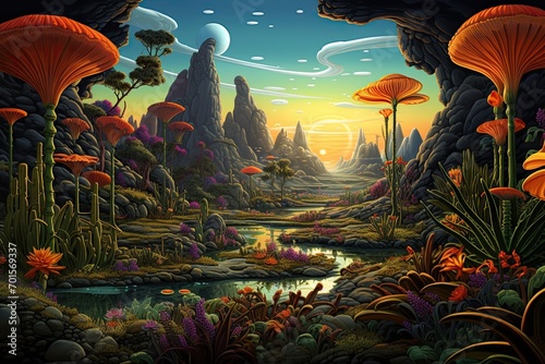 Fantasy fantasy landscape with a river and a lot of mushrooms - illustration for children, AI Generated