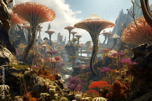 Fantasy landscape with mushrooms and mountains. 3D render illustration, AI Generated © Iftikhar alam