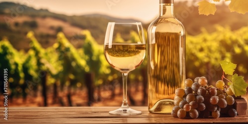 A glass and a bottle with white wine and grapes on the veranda at the winery. A winery  photo