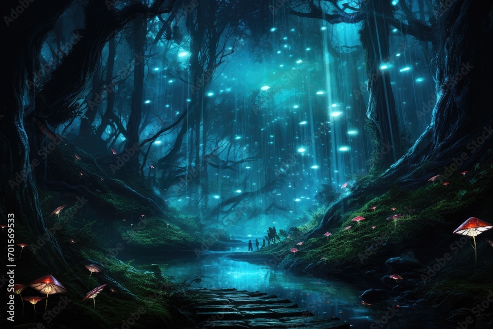 Obraz premium Mysterious dark forest with fog and lights. 3D rendering, An ethereal forest with bioluminescent mushrooms and insects, AI Generated