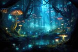 Fantasy landscape with trees, river and lights. 3d rendering, An ethereal forest with bioluminescent mushrooms and insects, AI Generated