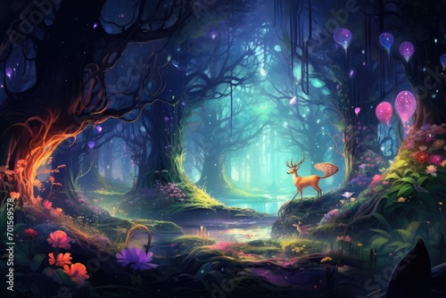 Fantasy forest with a deer in the night. Digital painting, An ethereal forest with colorful magical creatures in it, AI Generated
