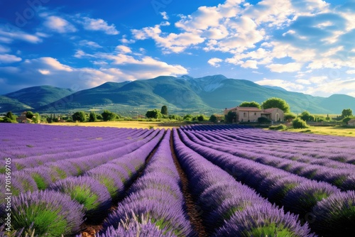 Lavender field in Provence, France at sunset, An expansive lavender field under the Provence sun, AI Generated