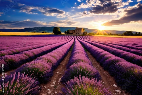 Lavender field at sunset in Provence  France  An expansive lavender field under the Provence sun  AI Generated