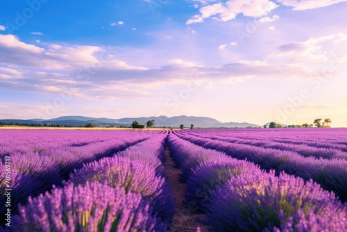 Sunset over lavender field in Provence, France, An expansive lavender field under the Provence sun, AI Generated