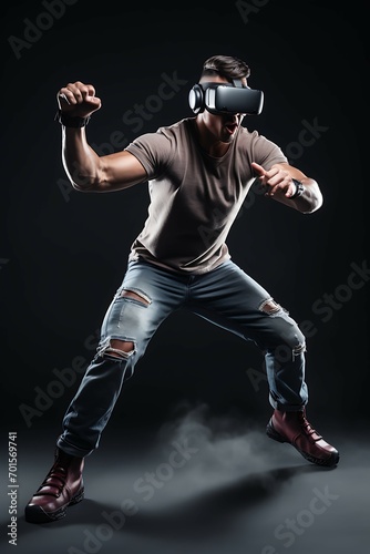 Gamer in vr glasses, fighting scene, full body shot, isolayed solid background, high detailed, studio lighting, professional photography, AI Image generative