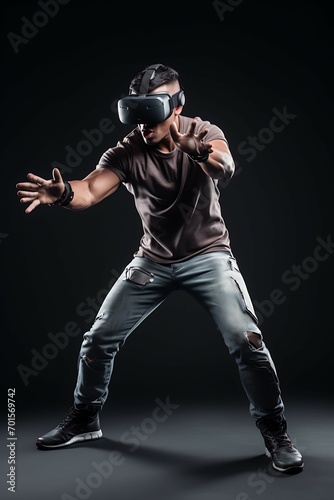 Gamer in vr glasses, fighting scene, full body shot, isolayed solid background, high detailed, studio lighting, professional photography, AI  Image generative